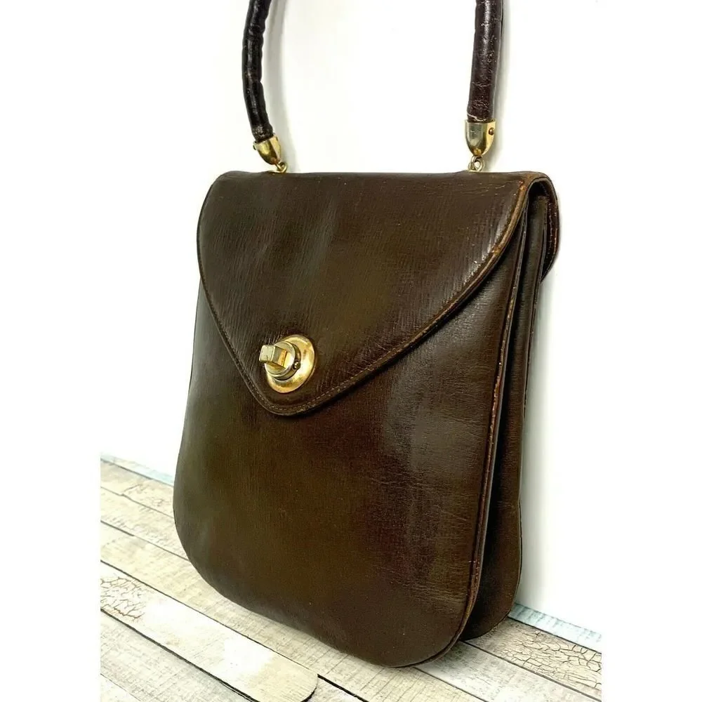 VINTAGE BROWN GENUINE LEATHER TURN LOCK FLAP TOP HANDLE HANDBAG PURSE
